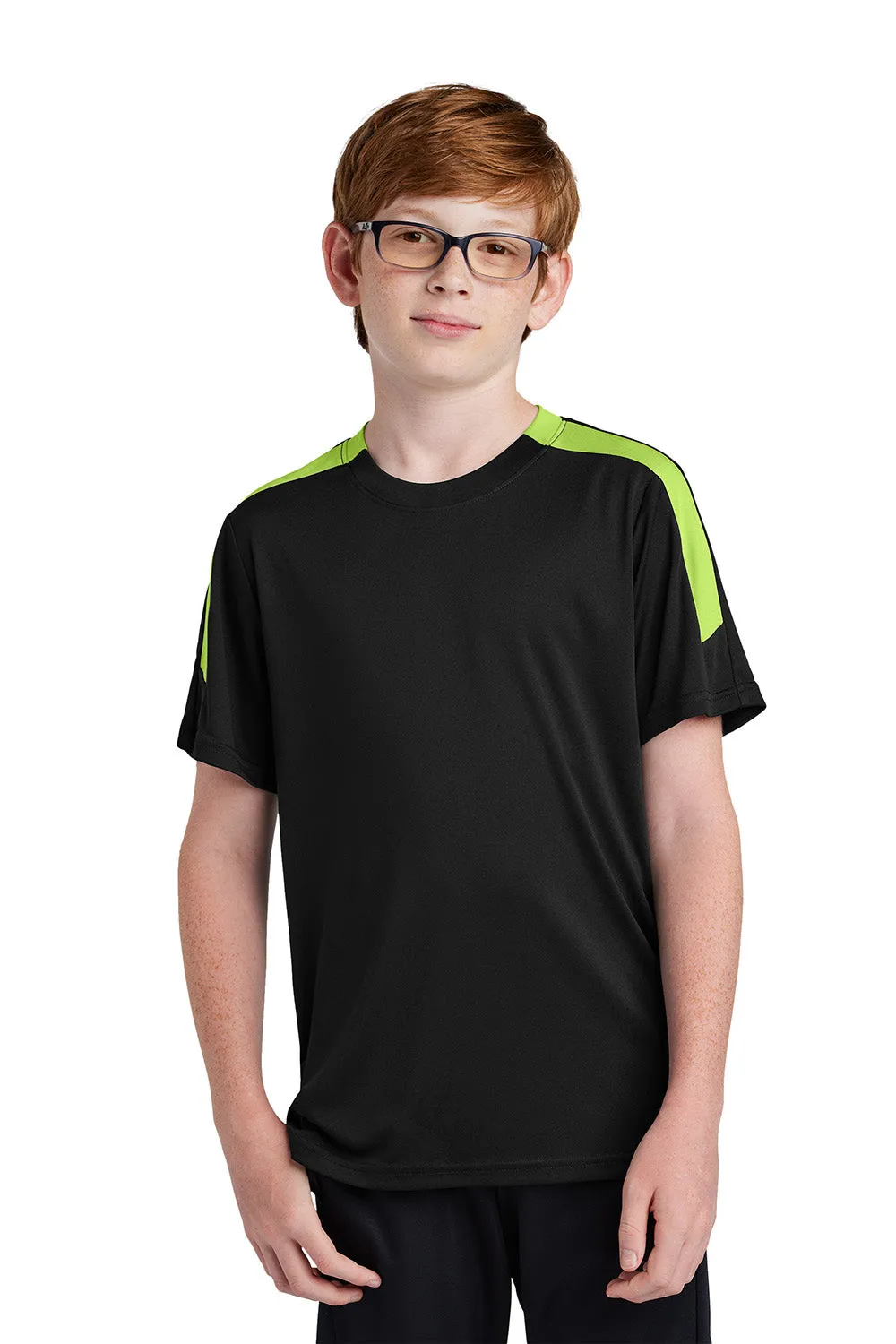 Sport-Tek Youth Moisture Wicking Competitor United Short Sleeve Crewneck T-Shirt - Black/Lime Shock Green