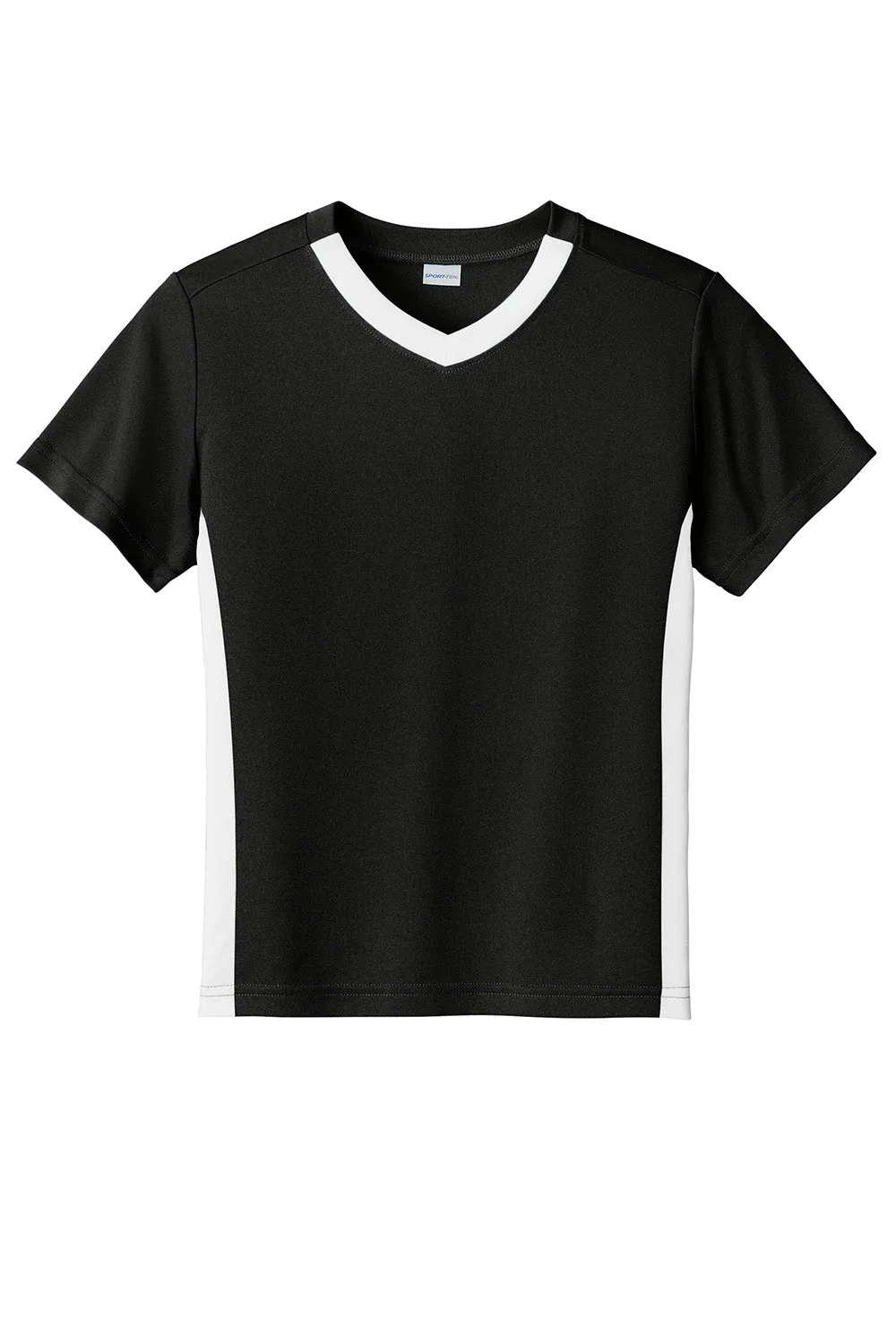 Sport-Tek Youth Moisture Wicking Competitor United Short Sleeve V-Neck T-Shirt - Black/White