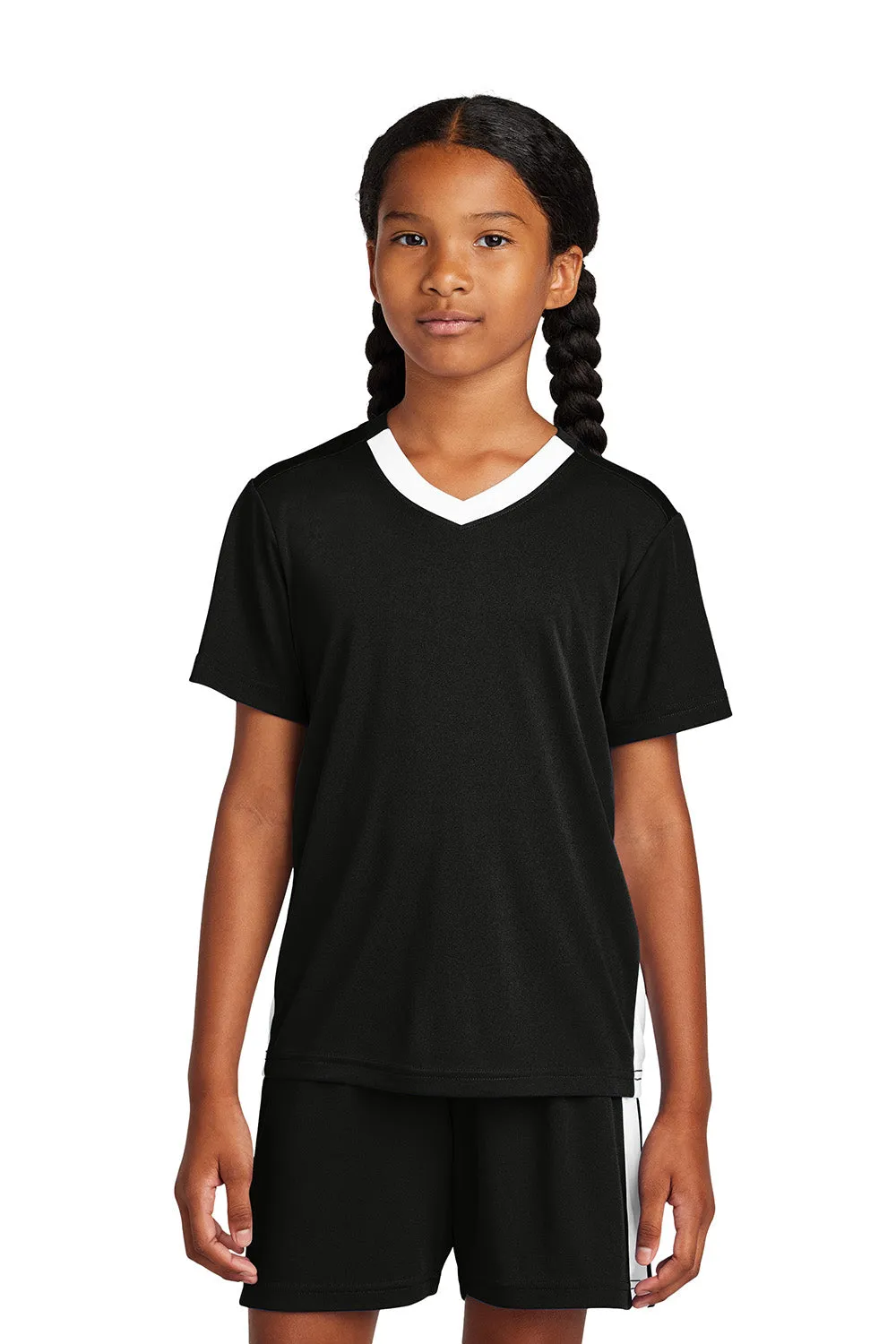 Sport-Tek Youth Moisture Wicking Competitor United Short Sleeve V-Neck T-Shirt - Black/White
