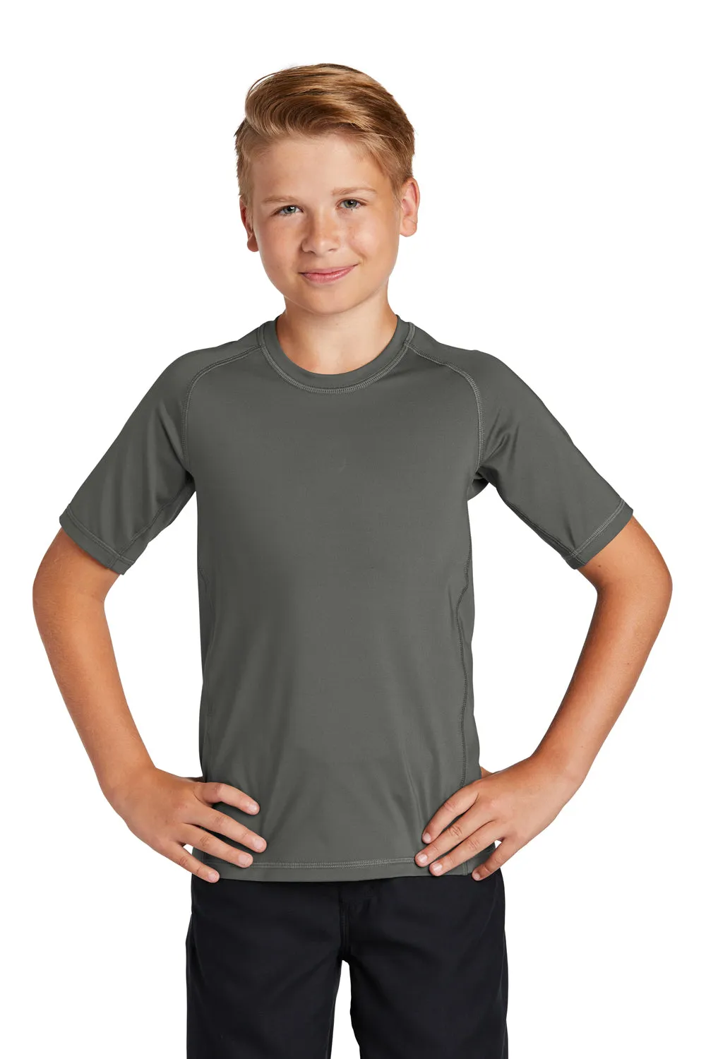 Sport-Tek Youth Rashguard Moisture Wicking Short Sleeve Crewneck T-Shirt - Dark Smoke Grey