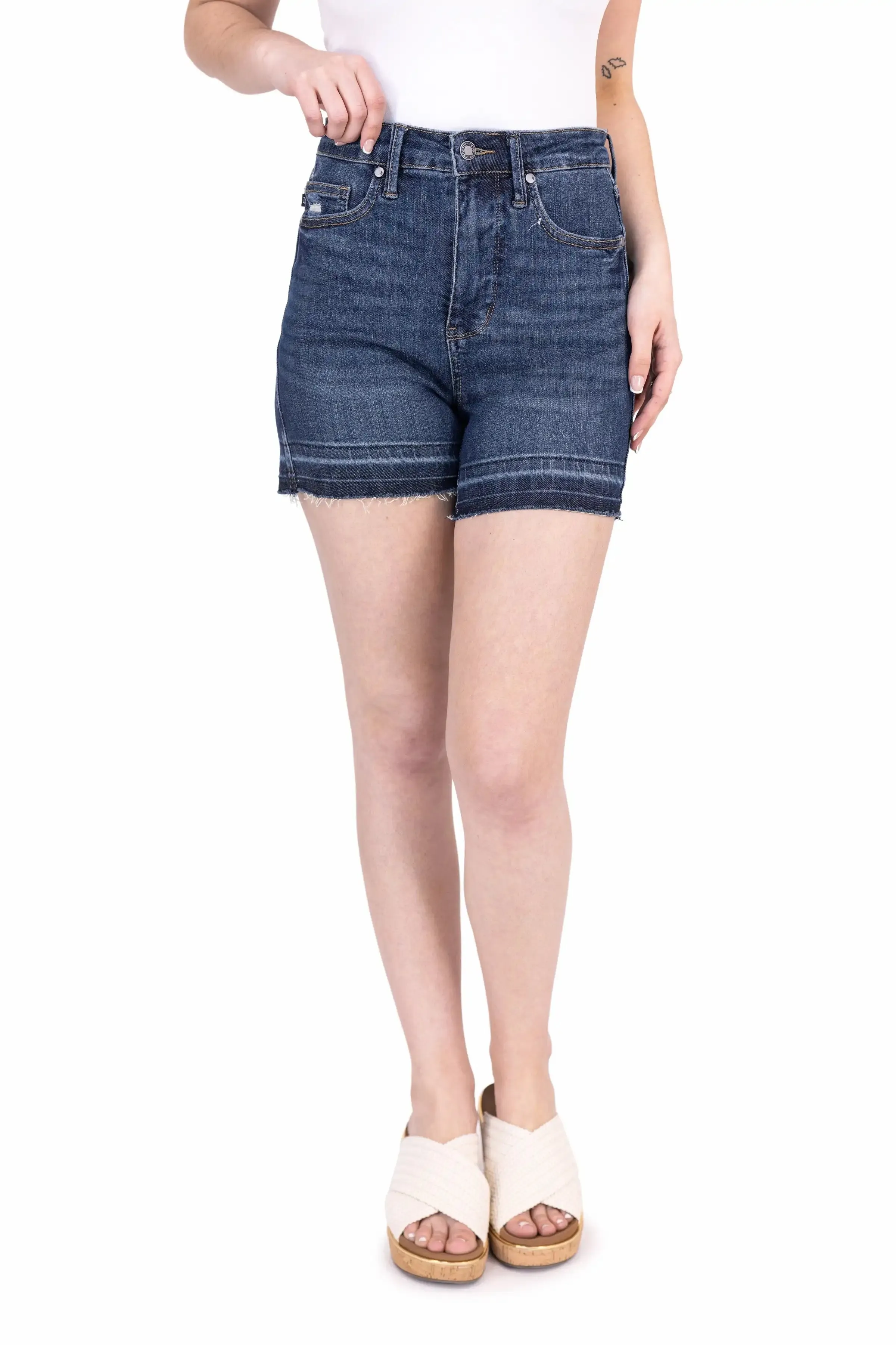 The Lyla From Judy Blue: High-Rise Tummy Control Destroy Release Hem Denim Shorts