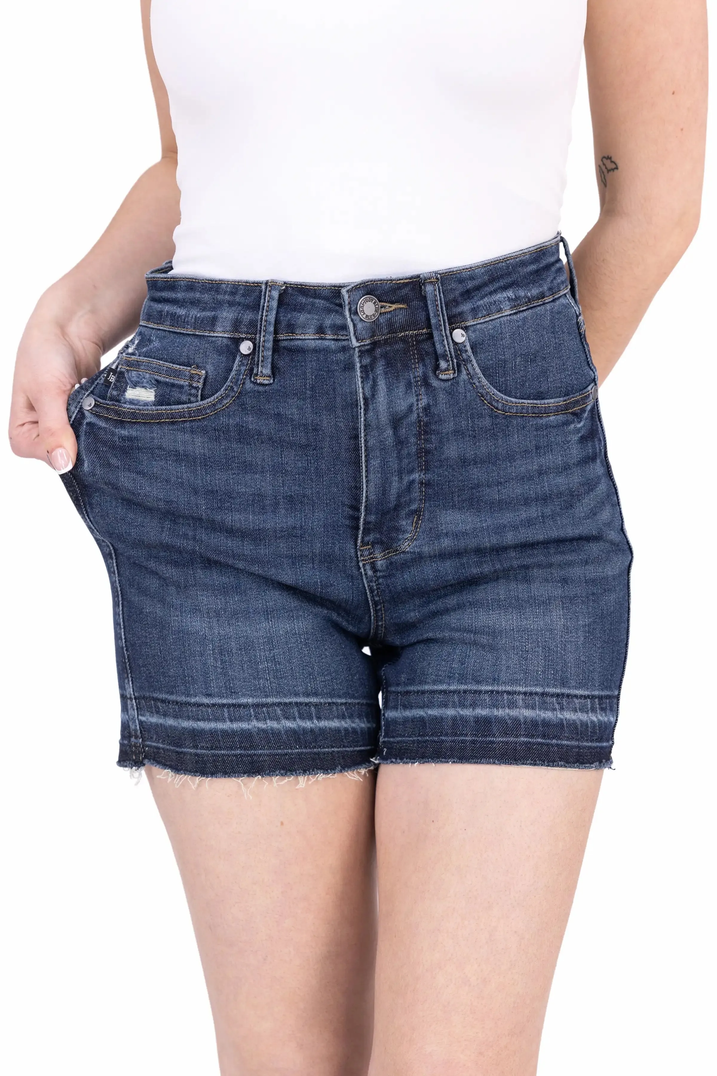 The Lyla From Judy Blue: High-Rise Tummy Control Destroy Release Hem Denim Shorts