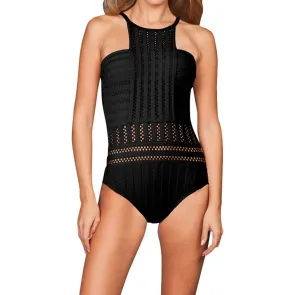 Tough Luxe Textured High Neck One Piece Swimsuit In Black