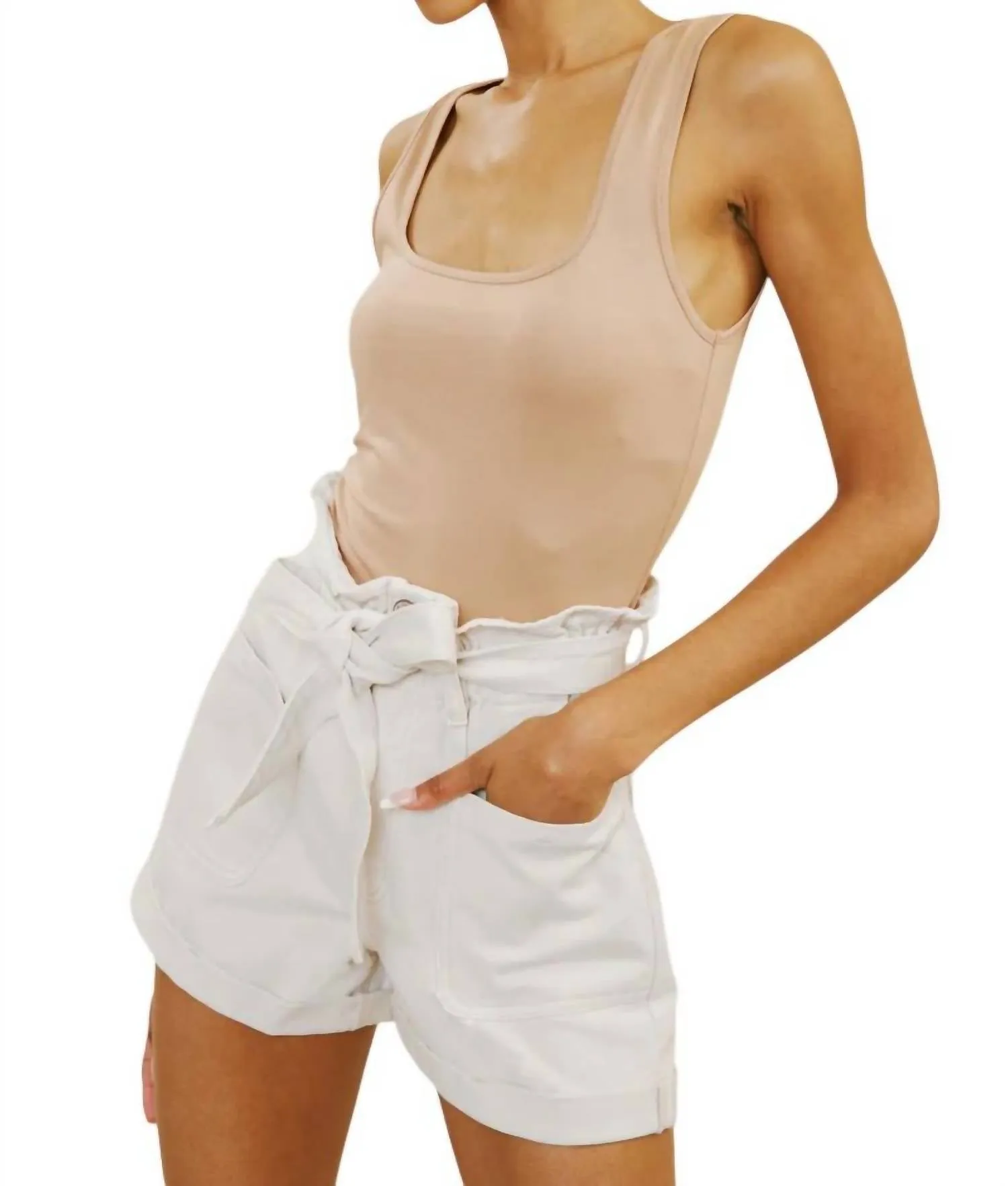 Ultra High Rise Belted Paperbag Shorts In Taupe