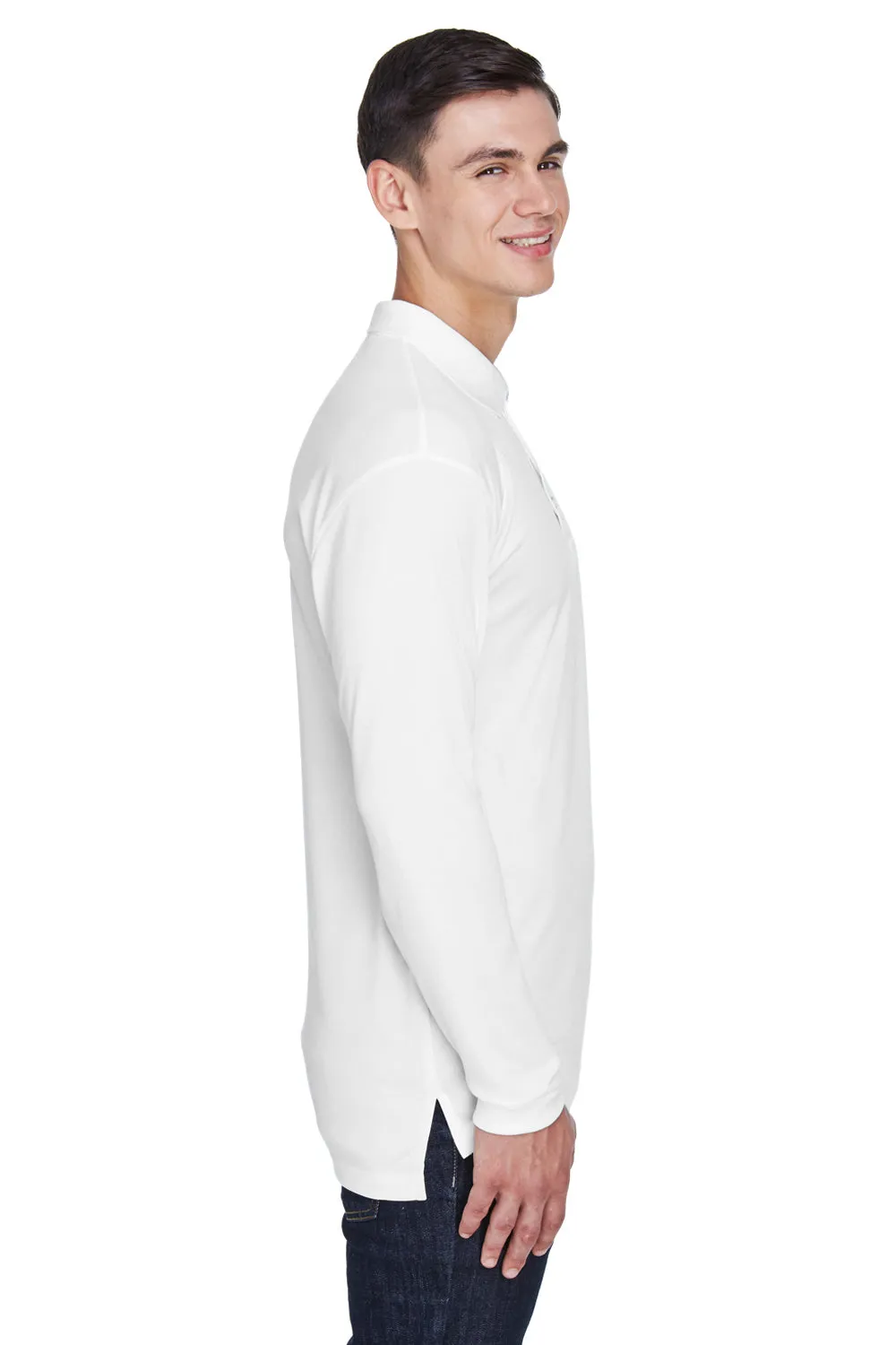 UltraClub Mens Cool & Dry Moisture Wicking Long Sleeve Polo Shirt - White