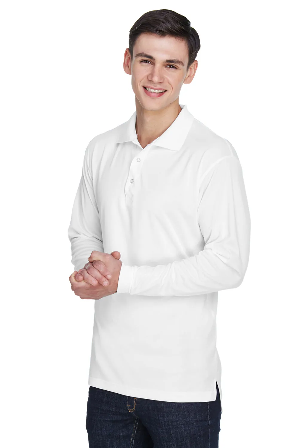 UltraClub Mens Cool & Dry Moisture Wicking Long Sleeve Polo Shirt - White