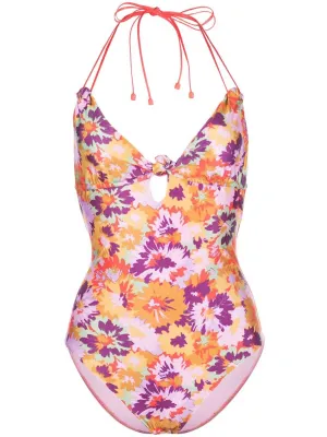 Violet Knotted 1Pc Mustard Floral Swimsuit In Multi