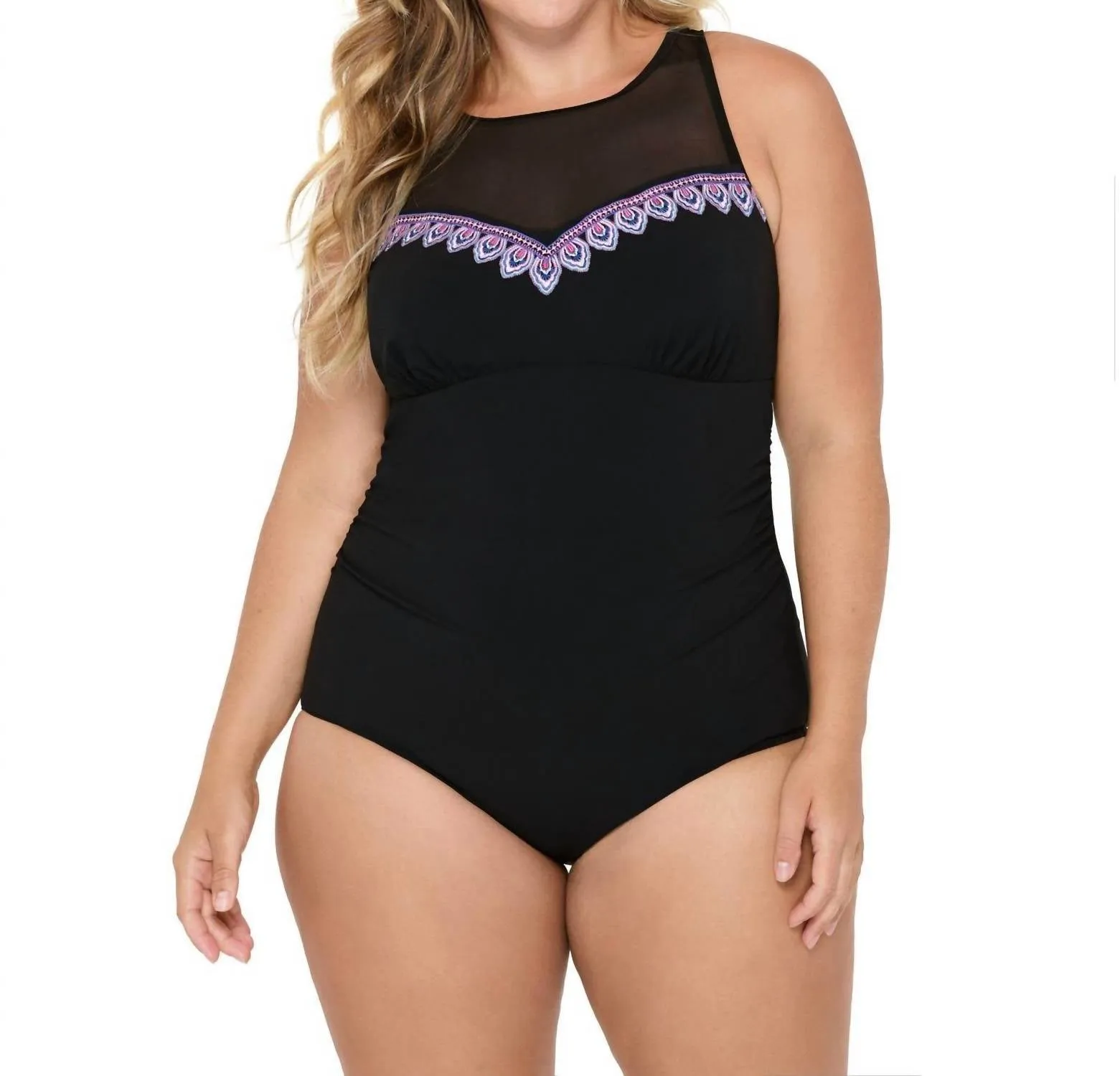 Wanderlust Embroidery Plus Size Mesh High Neck One Piece Swimsuit In Black