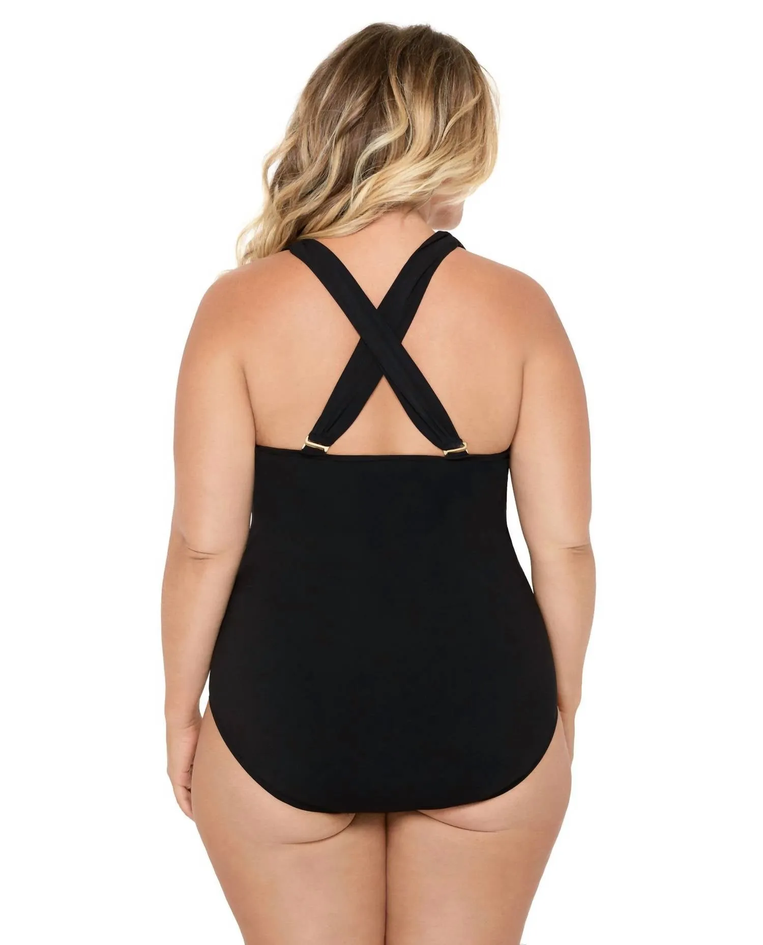 Wanderlust Embroidery Plus Size Mesh High Neck One Piece Swimsuit In Black