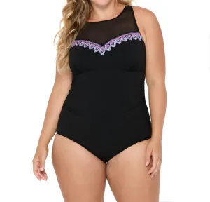Wanderlust Embroidery Plus Size Mesh High Neck One Piece Swimsuit In Black