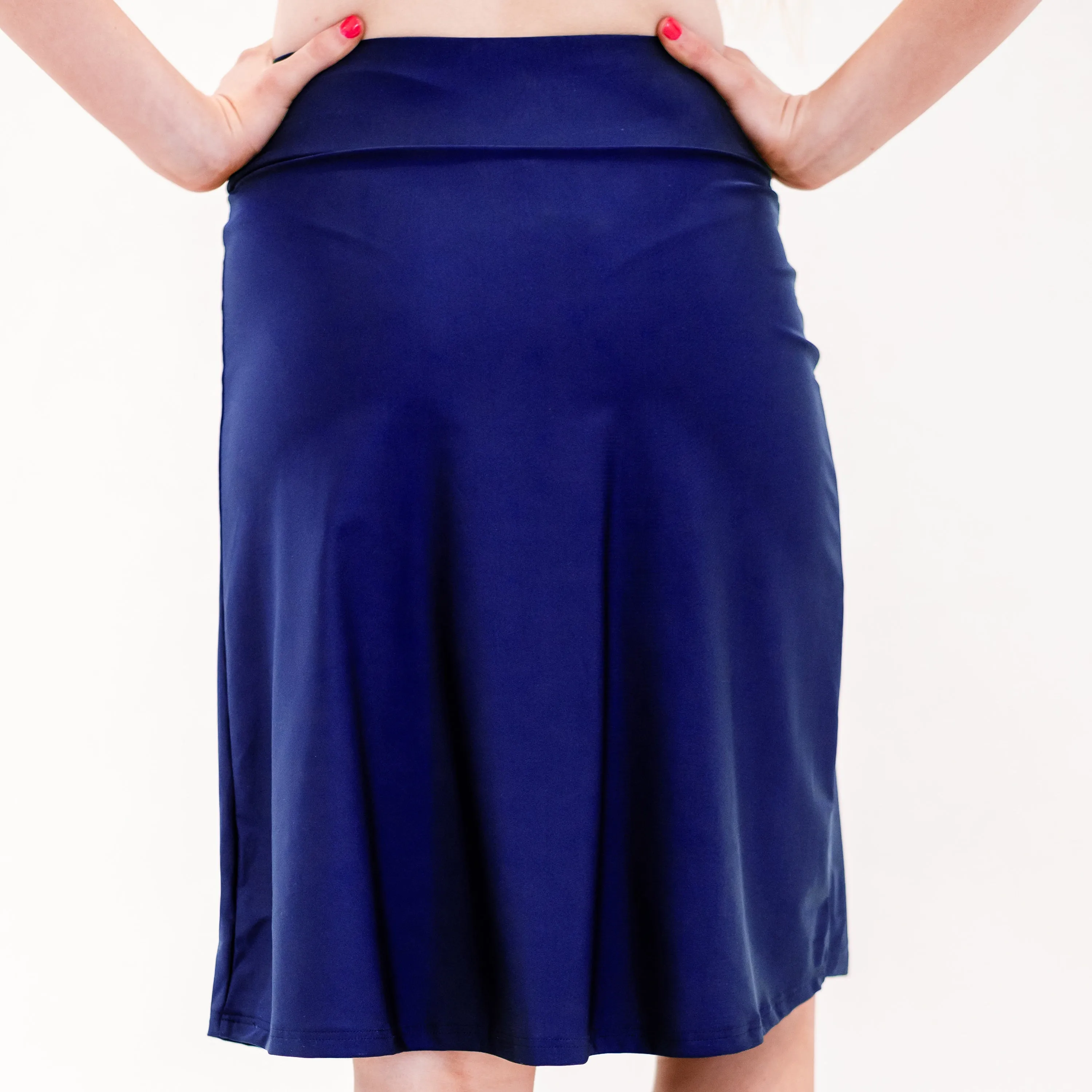 Women's High Waisted Knee Length Swim Skirt With Attached Bike Shorts