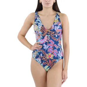 Womens Lace-Up Nylon One-Piece Swimsuit